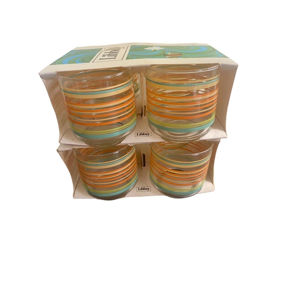 Vintage 70's Libbey Striped‎ Juice Glasses In Box Retro MCM Imperfect